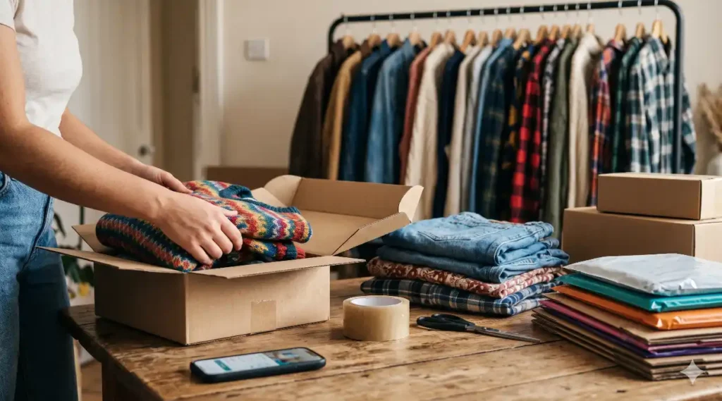 Vinted UK Fees , seller packaging parcel and clothes with fee calculation on desk